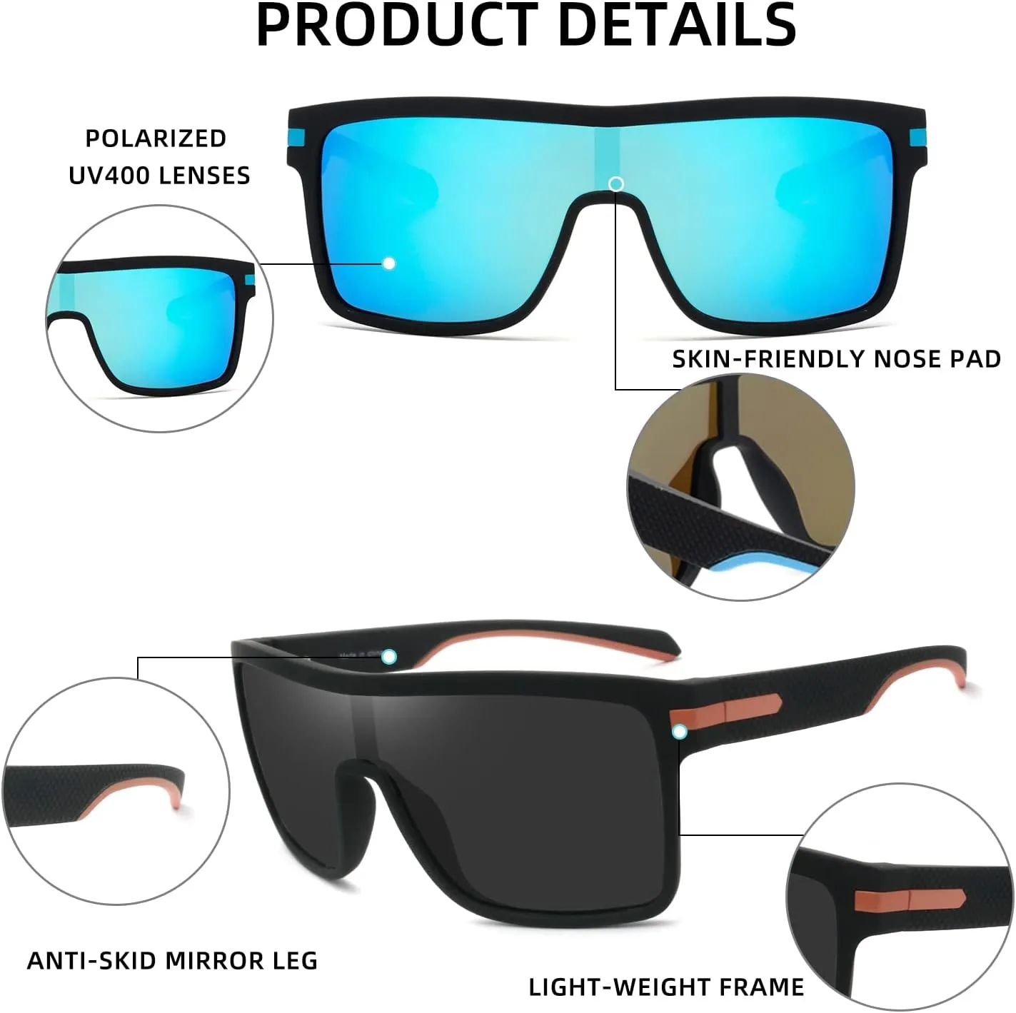 2 Pack Flat Top Polarized Sports Sunglasses Outdoor Cycling Glasses with Polarized Lens, Square sunglasses