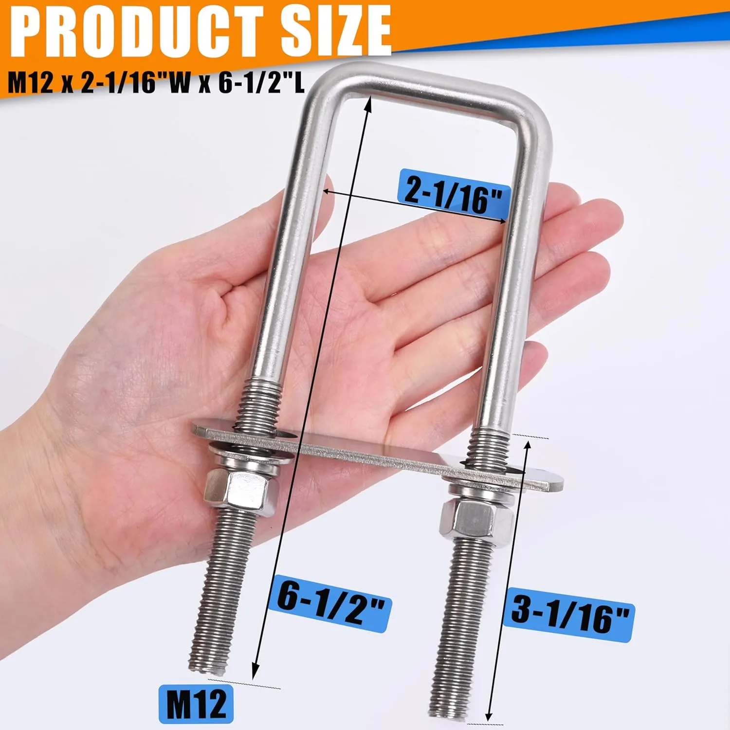4 Sets Heavy Duty Square u Bolts M12 Thread Size,304 Stainless Steel u-Bolts 2-1/16" W x 6-1/2" L,with Nuts,Bolt Plate and washers (4, M12 x 2-1/16" W x 6-1/2" L)