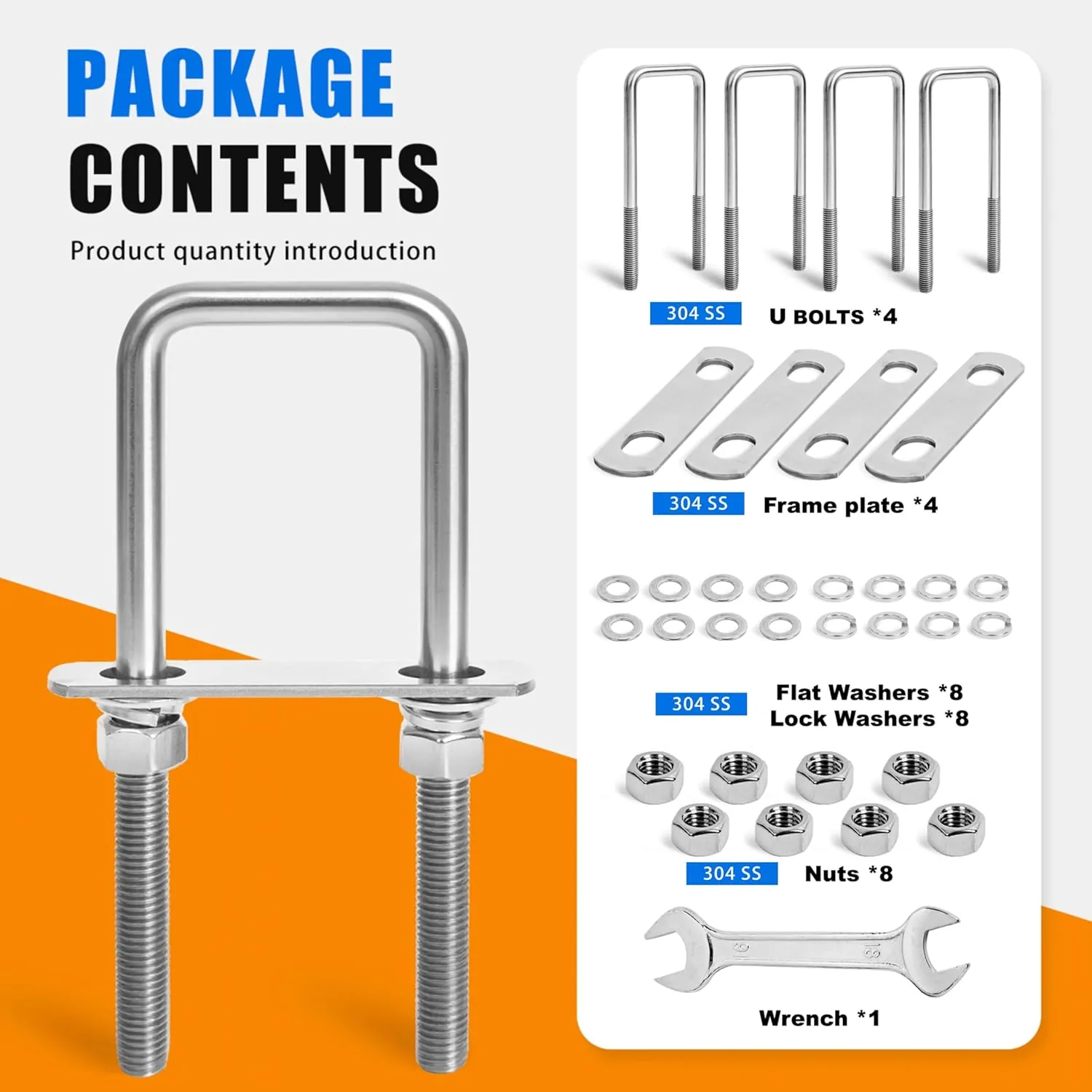 4 Sets Heavy Duty Square u Bolts M12 Thread Size,304 Stainless Steel u-Bolts 2-1/16" W x 6-1/2" L,with Nuts,Bolt Plate and washers (4, M12 x 2-1/16" W x 6-1/2" L)