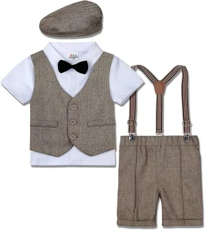 A&J DESIGN 5pcs Toddler Baby Boys Suit Set, 12 Months - 3T, Gentleman Suit Shirt & Shorts & Vest & Hat & Bow Tie