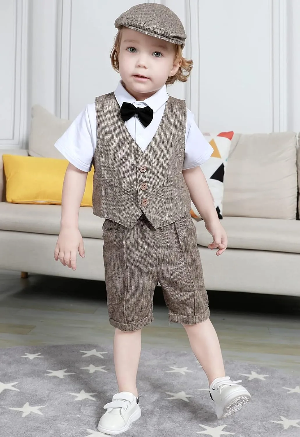 A&J DESIGN 5pcs Toddler Baby Boys Suit Set, 12 Months - 3T, Gentleman Suit Shirt & Shorts & Vest & Hat & Bow Tie