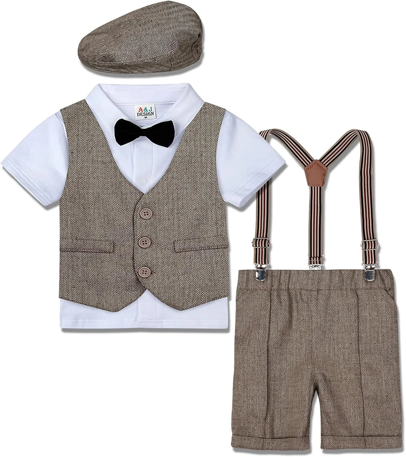 A&J DESIGN 5pcs Toddler Baby Boys Suit Set, 12 Months - 3T, Gentleman Suit Shirt & Shorts & Vest & Hat & Bow Tie