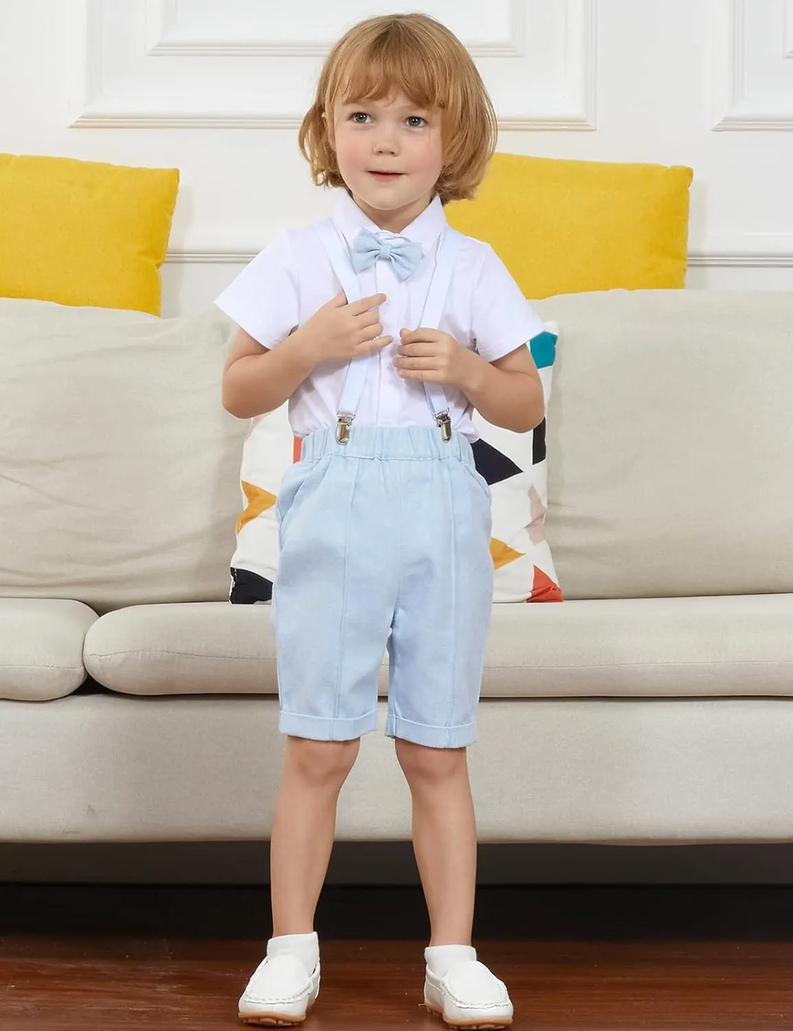 A&J DESIGN 5pcs Toddler Baby Boys Suit Set, 12 Months - 3T, Gentleman Suit Shirt & Shorts & Vest & Hat & Bow Tie
