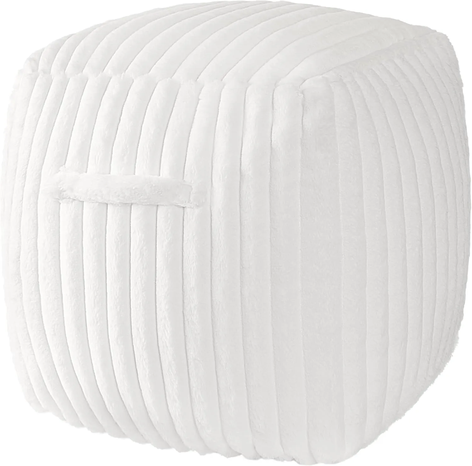 AELS Unstuffed Modern Pouf Cover for Living Room, Mid Century Modern Storage Bean Bag Cubes, Creamy White Faux Fur Plush Sripe Square Ottoman Pouf Foot Rest Footstool, 18"x18"x18", Cover ONLY