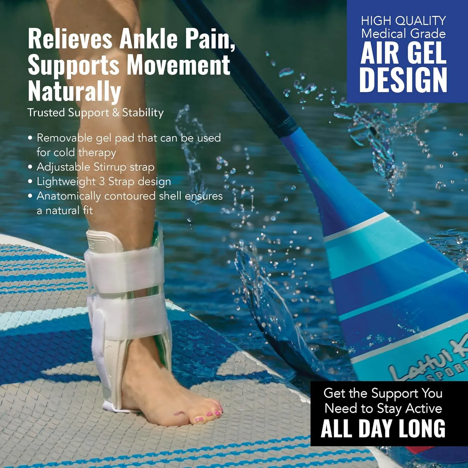 AnklePro Air Gel Stirrup Ankle Brace, Hard Core Side Stabilizer With Removable Cold Therapy Air Cushion & Gel Pad for Ankles, Ankle Brace for Women and Men, Ankle Support, Regular, White