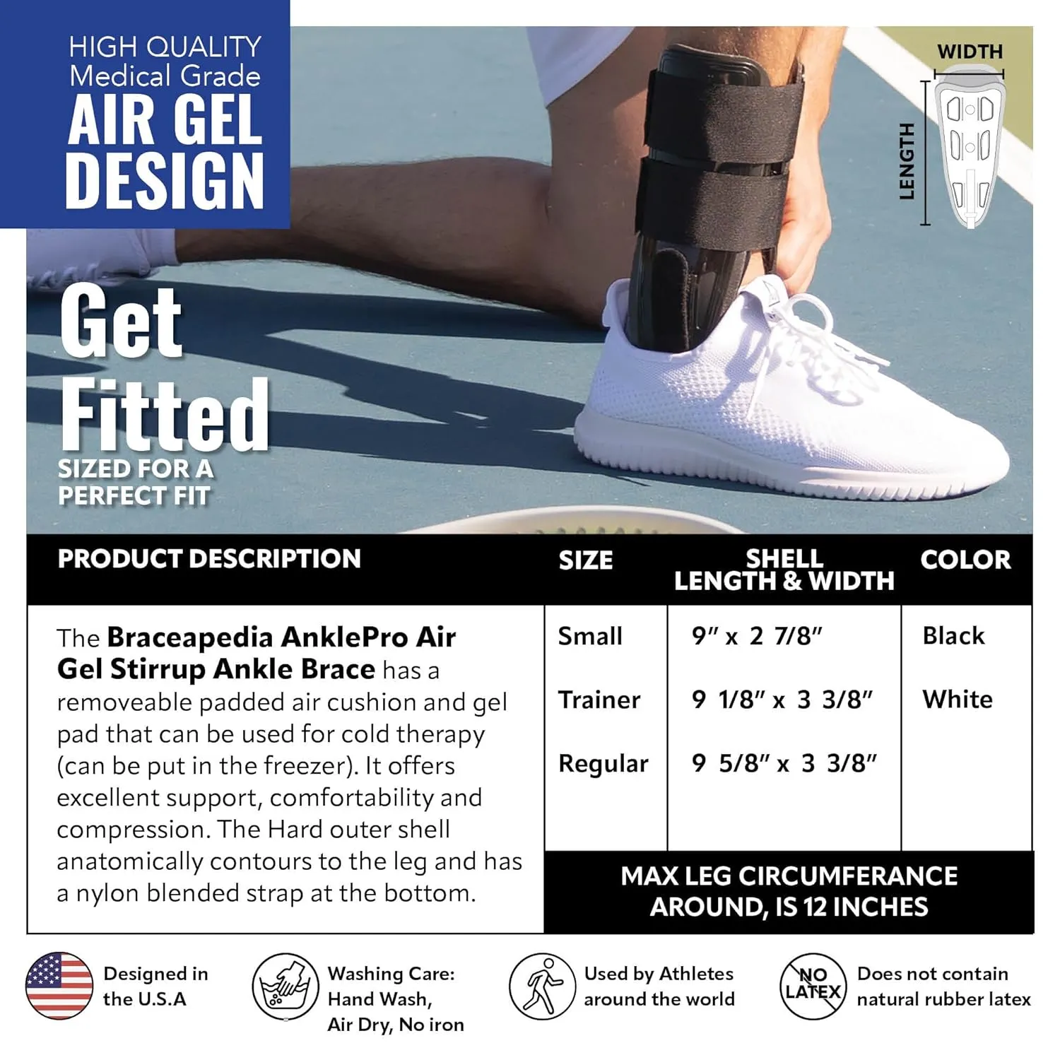AnklePro Air Gel Stirrup Ankle Brace, Hard Core Side Stabilizer With Removable Cold Therapy Air Cushion & Gel Pad for Ankles, Ankle Brace for Women and Men, Ankle Support, Regular, White