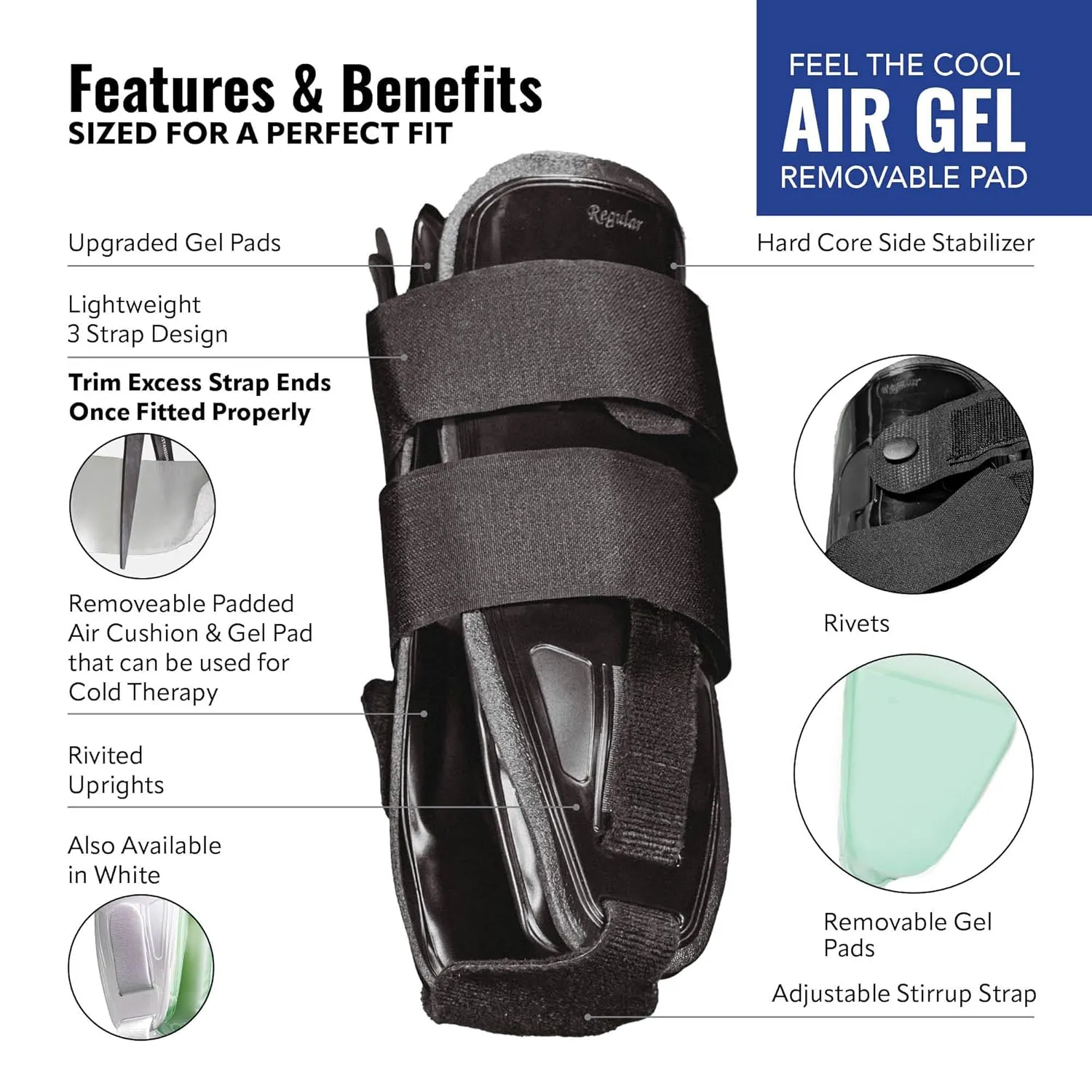 AnklePro Air Gel Stirrup Ankle Brace, Hard Core Side Stabilizer With Removable Cold Therapy Air Cushion & Gel Pad for Ankles, Ankle Brace for Women and Men, Ankle Support, Regular, White