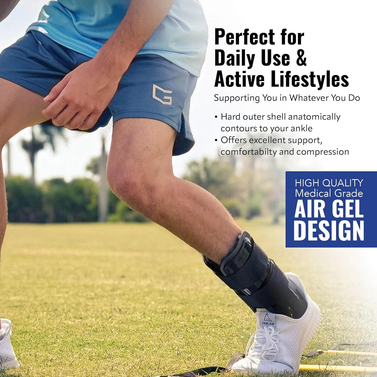 AnklePro Air Gel Stirrup Ankle Brace, Hard Core Side Stabilizer With Removable Cold Therapy Air Cushion & Gel Pad for Ankles, Ankle Brace for Women and Men, Ankle Support, Regular, White