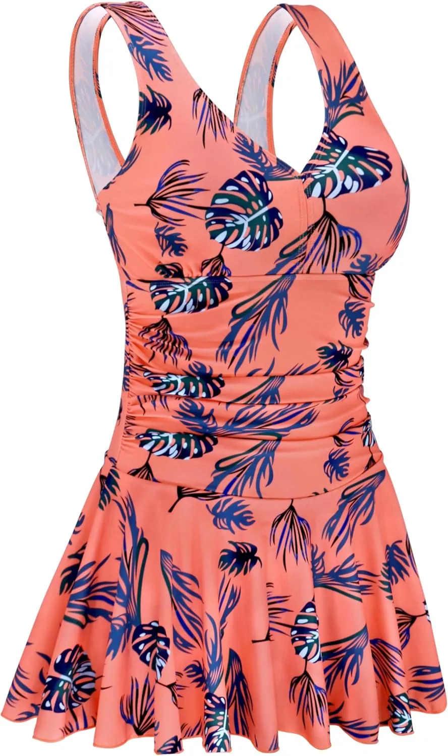 AONTUS Plus Size Hawaiin Swimsuits for Women Swimwear Long Torso Tummy Control Swimdress