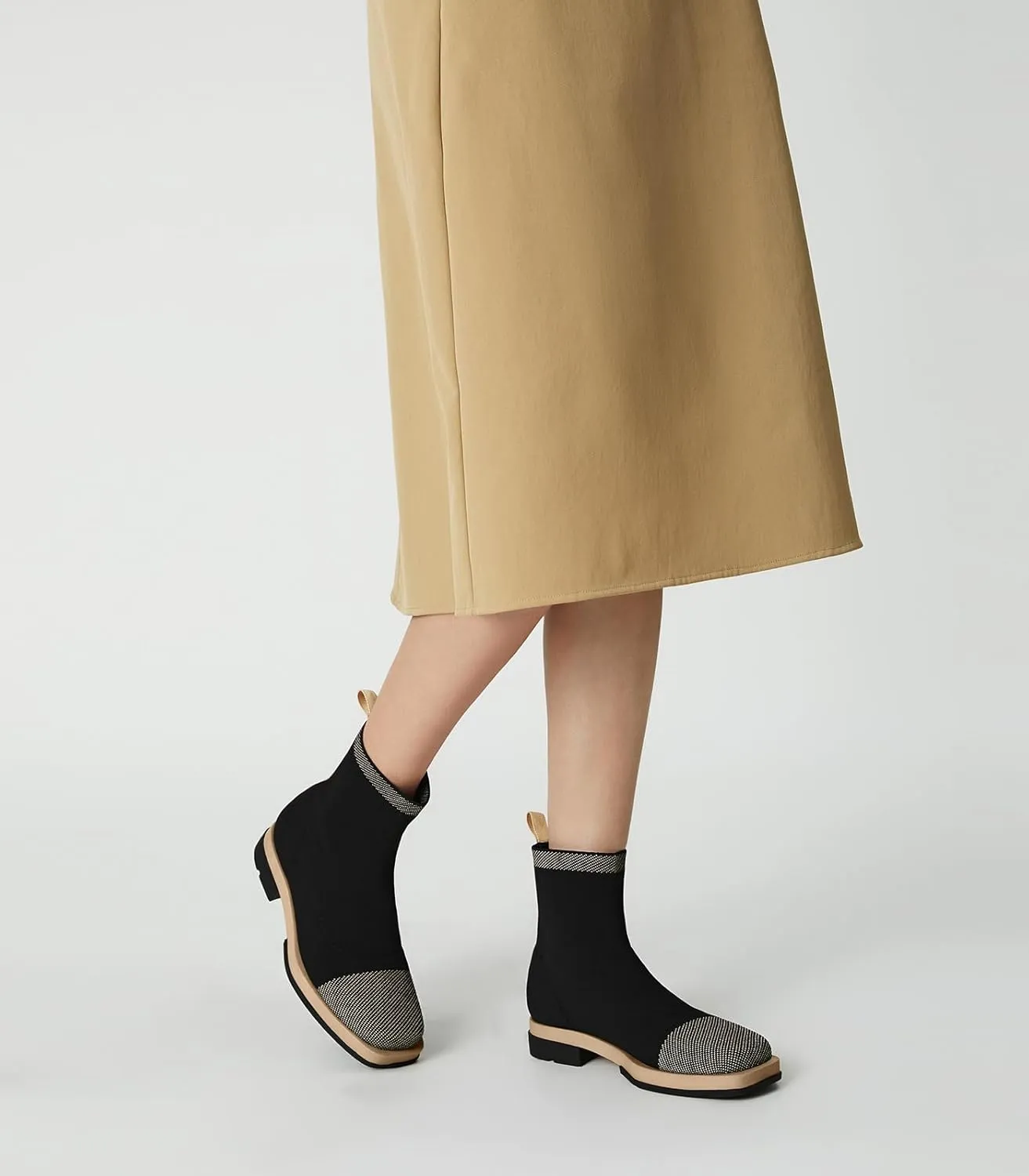 Arromic Ankle Boots for Women Square Toe Black Booties Comfortbale Sock Slip On Stretch Knit Low Flat Heel for Dress Daily