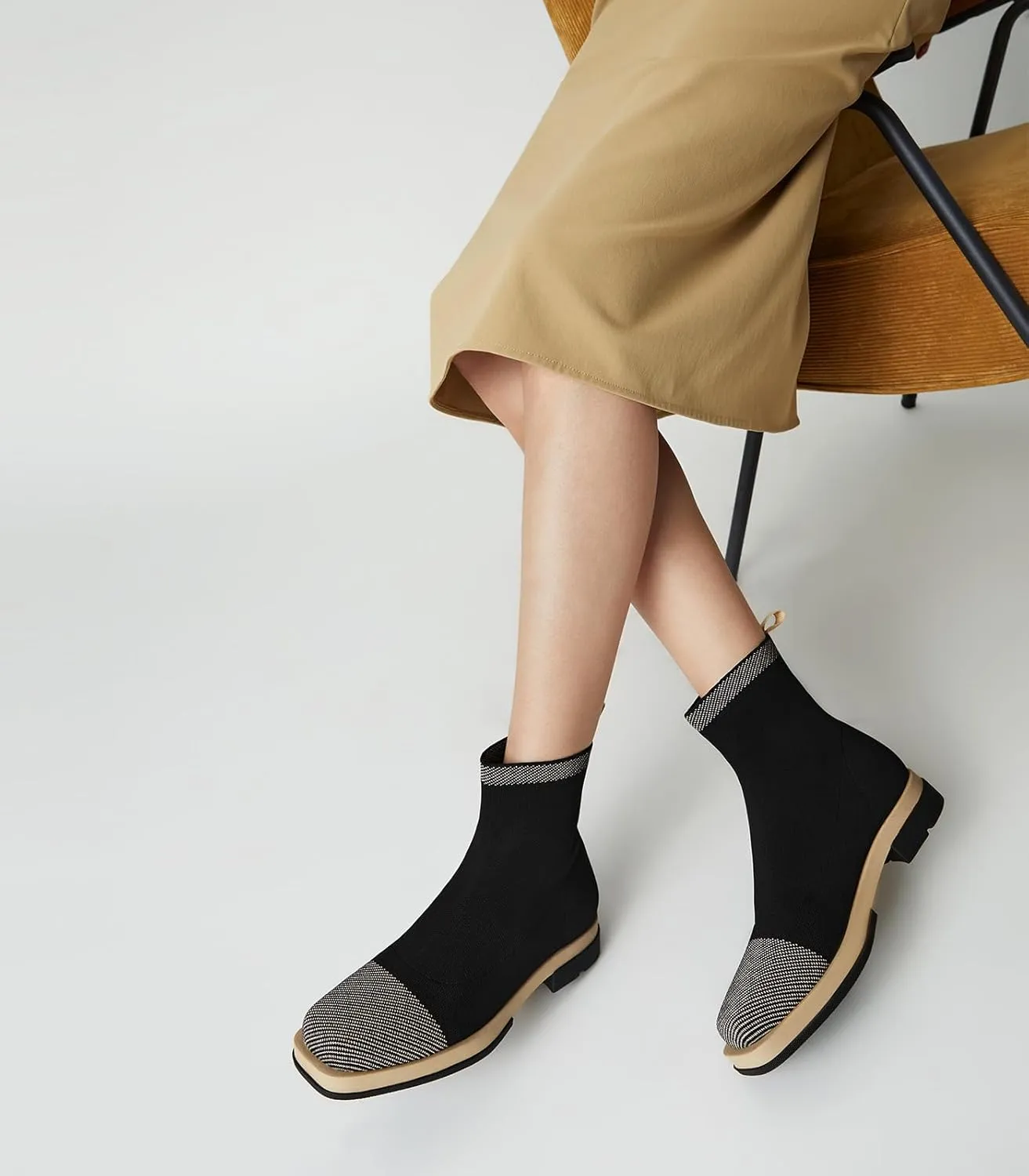 Arromic Ankle Boots for Women Square Toe Black Booties Comfortbale Sock Slip On Stretch Knit Low Flat Heel for Dress Daily