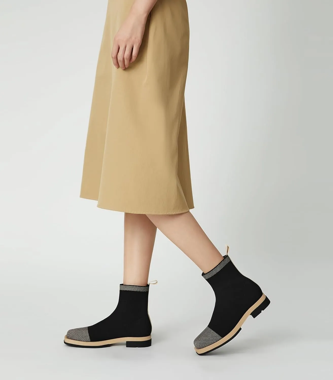 Arromic Ankle Boots for Women Square Toe Black Booties Comfortbale Sock Slip On Stretch Knit Low Flat Heel for Dress Daily