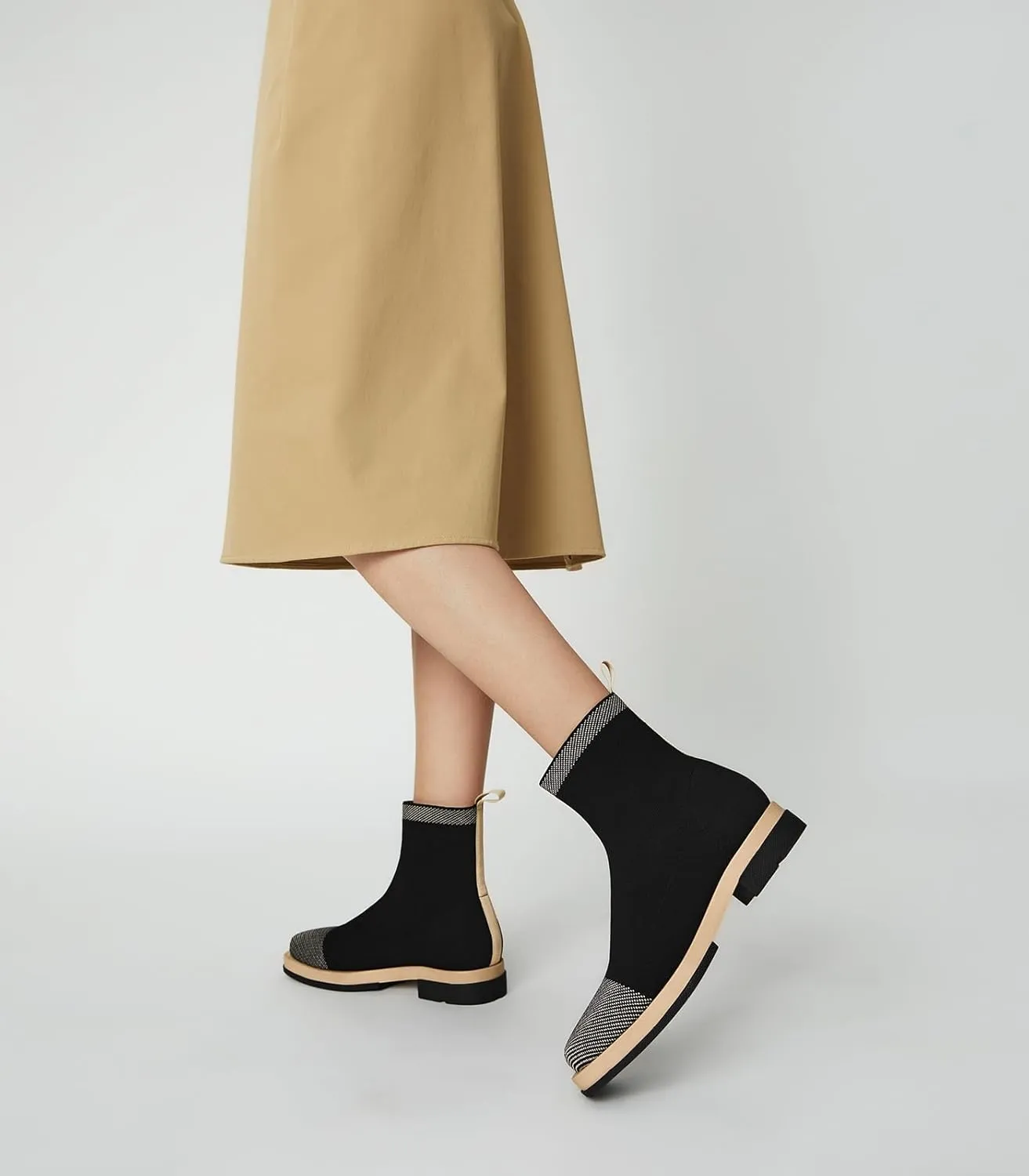 Arromic Ankle Boots for Women Square Toe Black Booties Comfortbale Sock Slip On Stretch Knit Low Flat Heel for Dress Daily