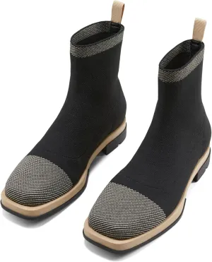 Arromic Ankle Boots for Women Square Toe Black Booties Comfortbale Sock Slip On Stretch Knit Low Flat Heel for Dress Daily