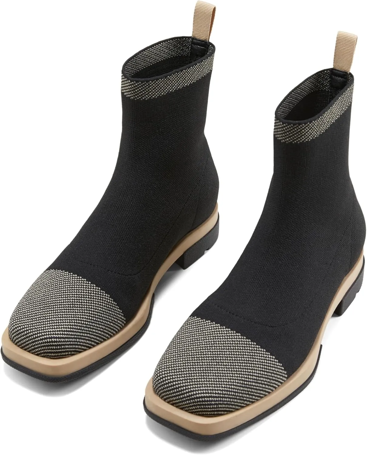 Arromic Ankle Boots for Women Square Toe Black Booties Comfortbale Sock Slip On Stretch Knit Low Flat Heel for Dress Daily