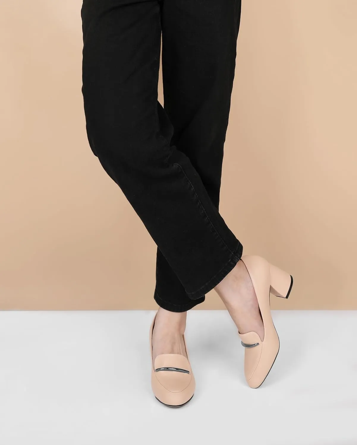 AUMOTED Heeled Loafers for Women Block Heel Loafers Comfortable Round Toe Chunky Pumps Women Work Low Heels Office Shoes 2.5 Inch
