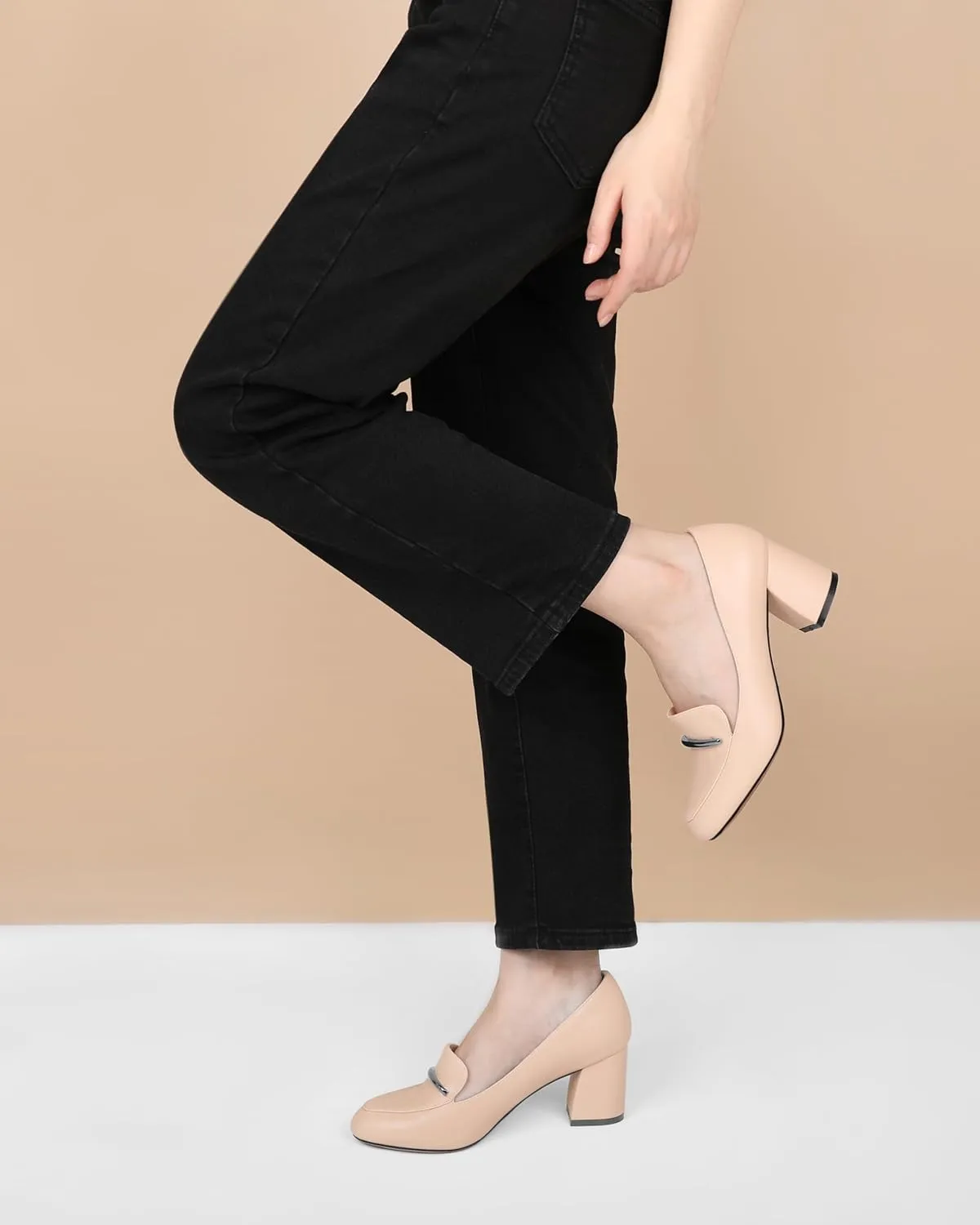 AUMOTED Heeled Loafers for Women Block Heel Loafers Comfortable Round Toe Chunky Pumps Women Work Low Heels Office Shoes 2.5 Inch
