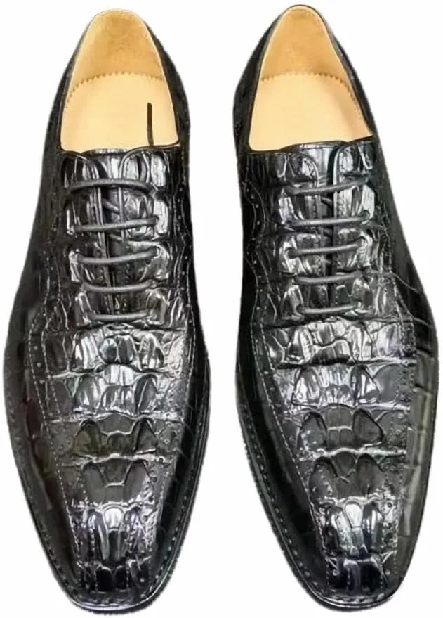 Authentic Exotic Crocodile Skin Men's Square-Toe Designer Dress Shoes Genuine Alligator Leather Male Lace-up Black Oxford Shoes