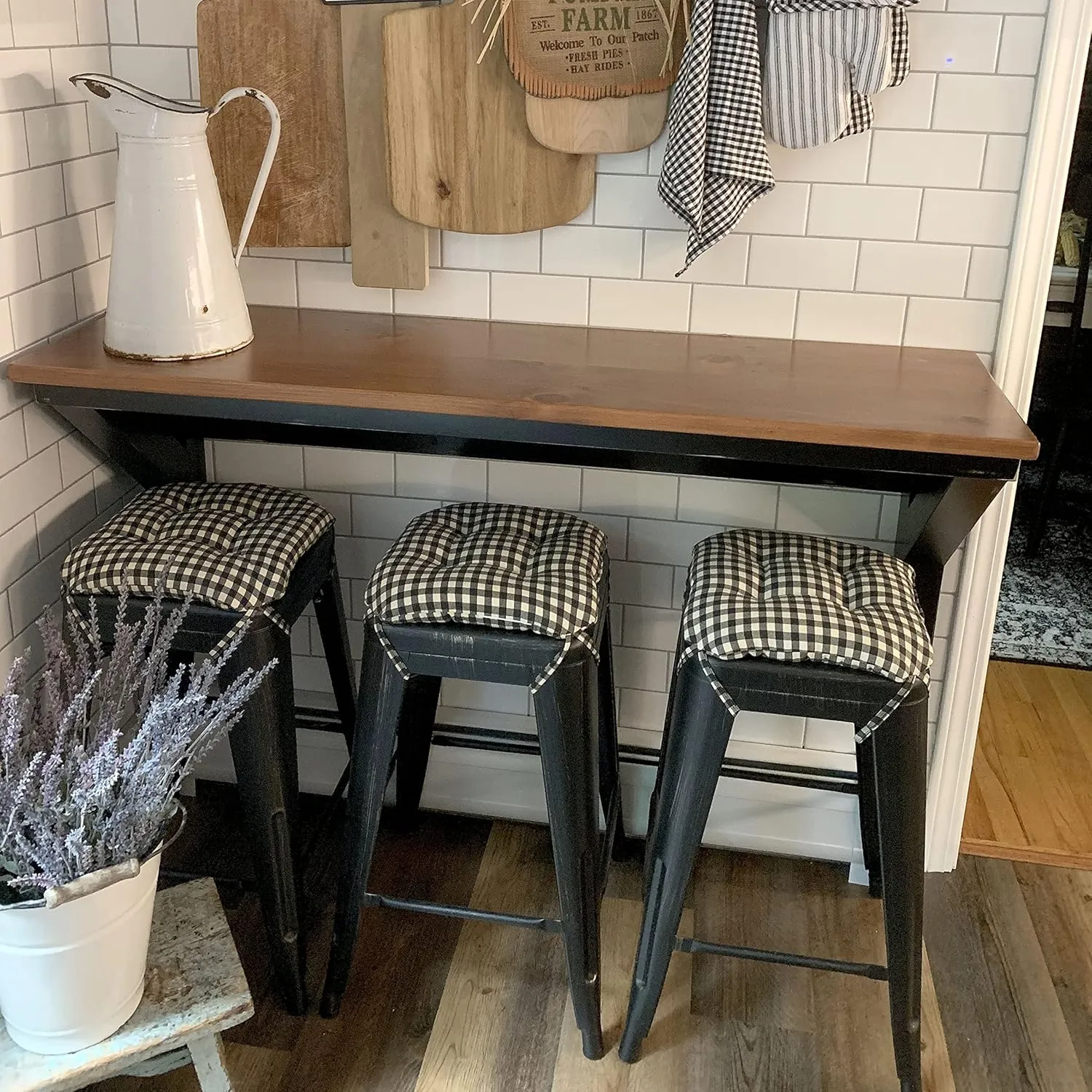 Barnett Home Decor Farmhouse Check Black Square Bar Stool Cushion with Ties - for 12" Metal Industrial Barstools - 12" Tolix-Style Counter-Height Chairs - Latex Foam, Machine Wash