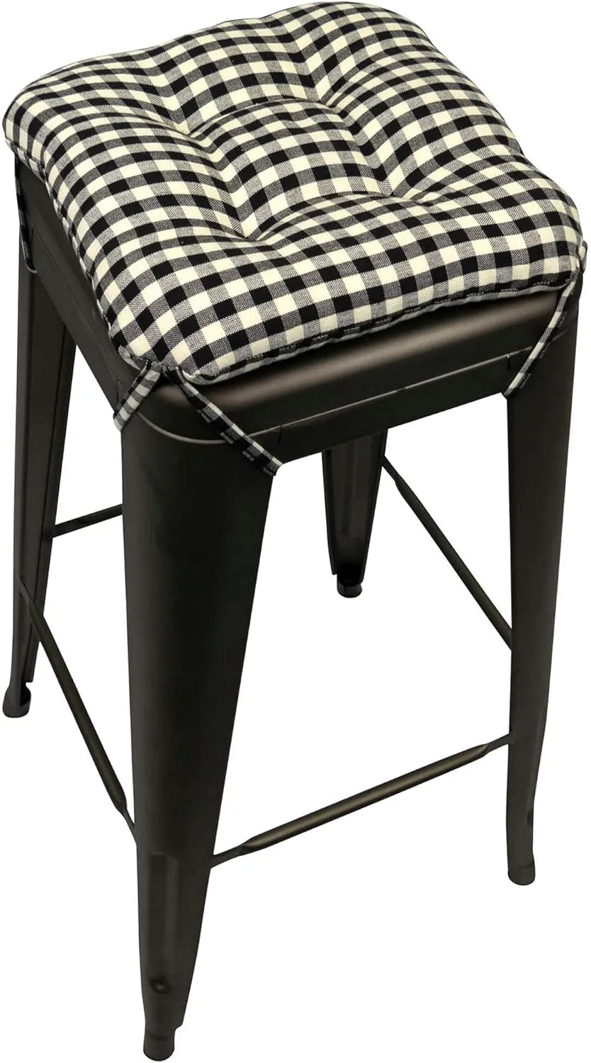 Barnett Home Decor Farmhouse Check Black Square Bar Stool Cushion with Ties - for 12" Metal Industrial Barstools - 12" Tolix-Style Counter-Height Chairs - Latex Foam, Machine Wash