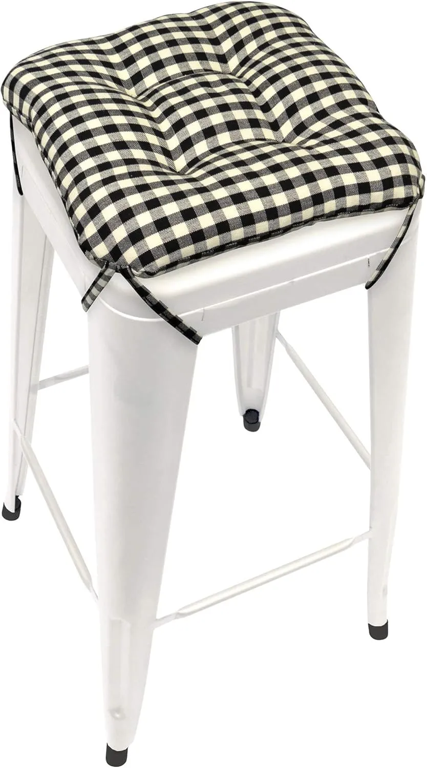 Barnett Home Decor Farmhouse Check Black Square Bar Stool Cushion with Ties - for 12" Metal Industrial Barstools - 12" Tolix-Style Counter-Height Chairs - Latex Foam, Machine Wash