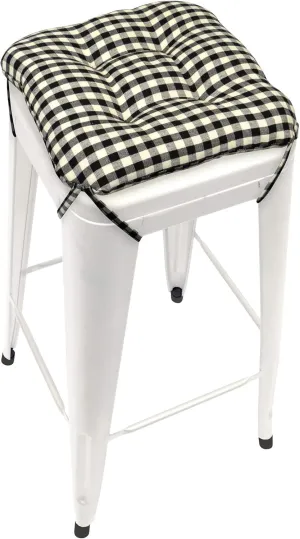 Barnett Home Decor Farmhouse Check Black Square Bar Stool Cushion with Ties - for 12" Metal Industrial Barstools - 12" Tolix-Style Counter-Height Chairs - Latex Foam, Machine Wash