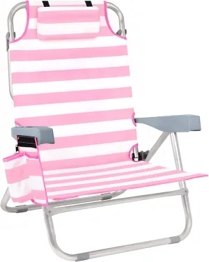 Beach Chair for Adults, Portable Folding Backpack Beach Chair with Cooler, Cup Holder, Towel Bar & Storage Bag, 5 Position Lay Flat Backpack Lounger for Camping, Lawn, Festival Outdoor Relaxation-Pink