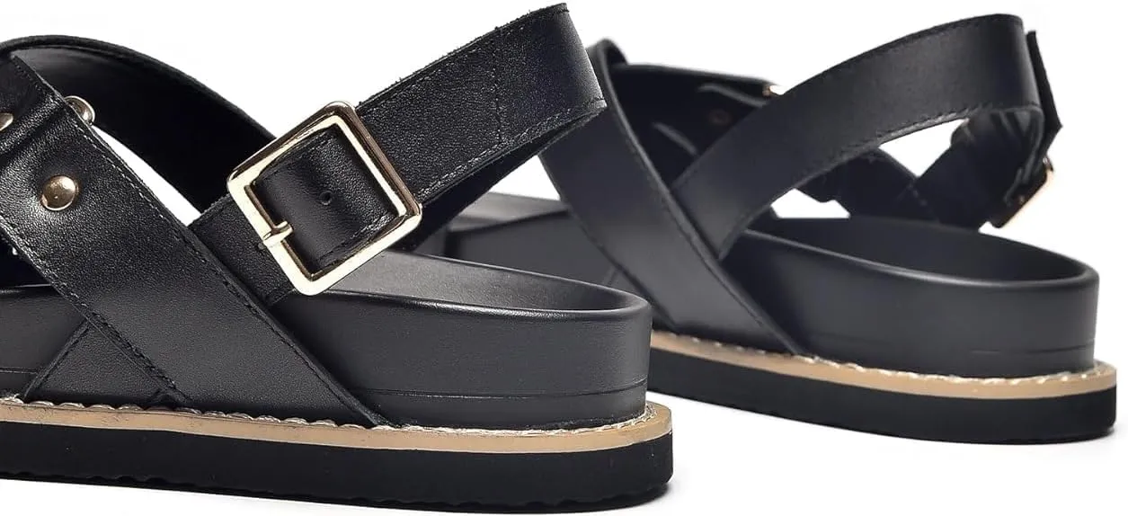 BEAU TODAY Flat Sandals for Women, Fashion Strappy Sandal Comfortable Arch Support Open Toe Beach Dressy Leather Summer Low Platform Sandals