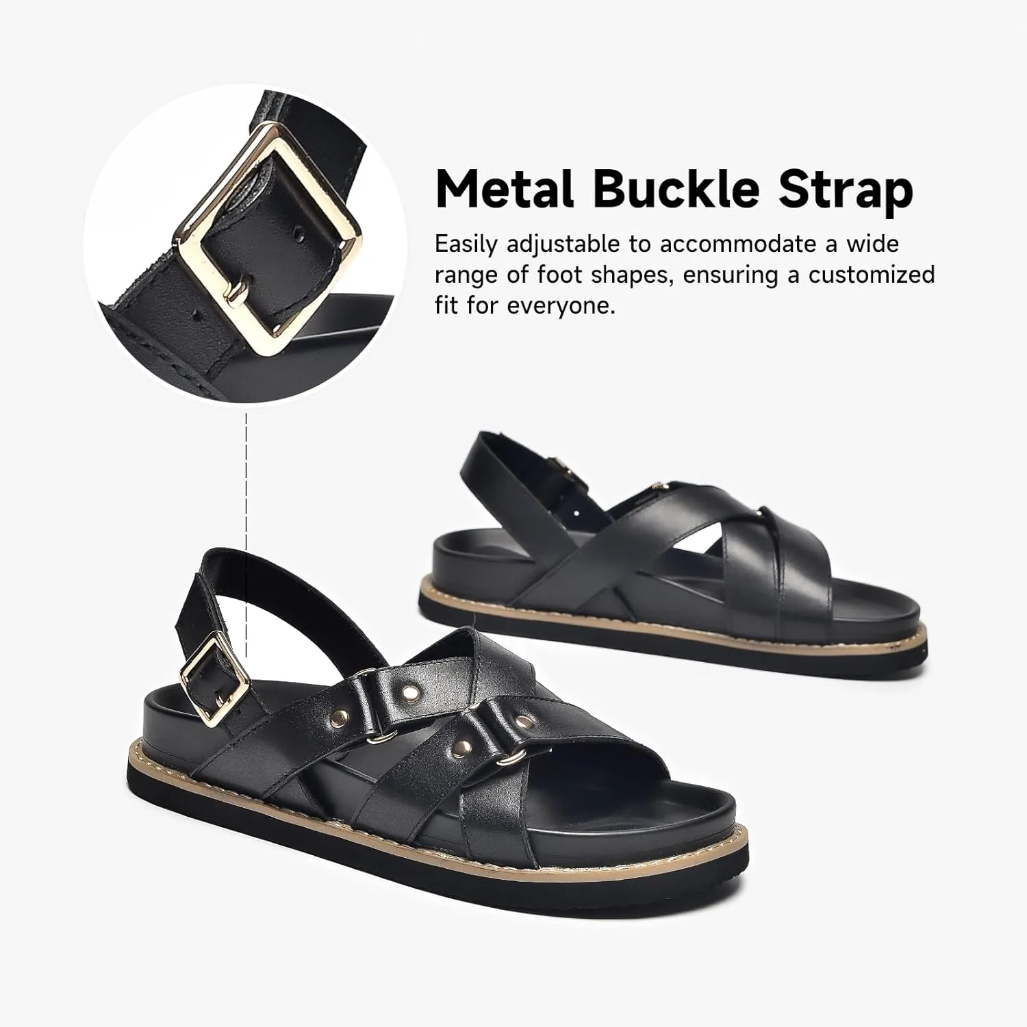 BEAU TODAY Flat Sandals for Women, Fashion Strappy Sandal Comfortable Arch Support Open Toe Beach Dressy Leather Summer Low Platform Sandals