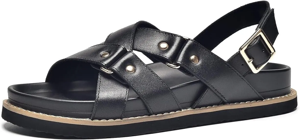 BEAU TODAY Flat Sandals for Women, Fashion Strappy Sandal Comfortable Arch Support Open Toe Beach Dressy Leather Summer Low Platform Sandals