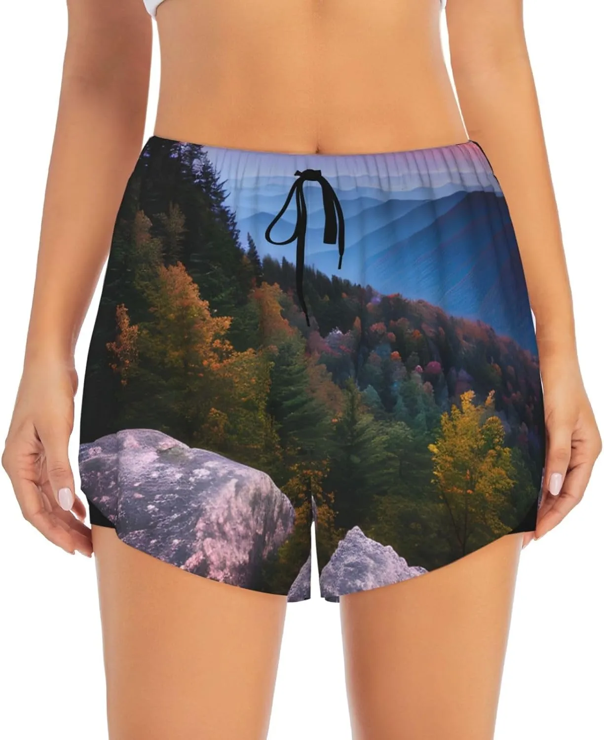 Canadian Smokey Mountain Cliff Print Women's Running Shorts High Waisted Athletic Shorts Quick Dry Gym Workout Shorts