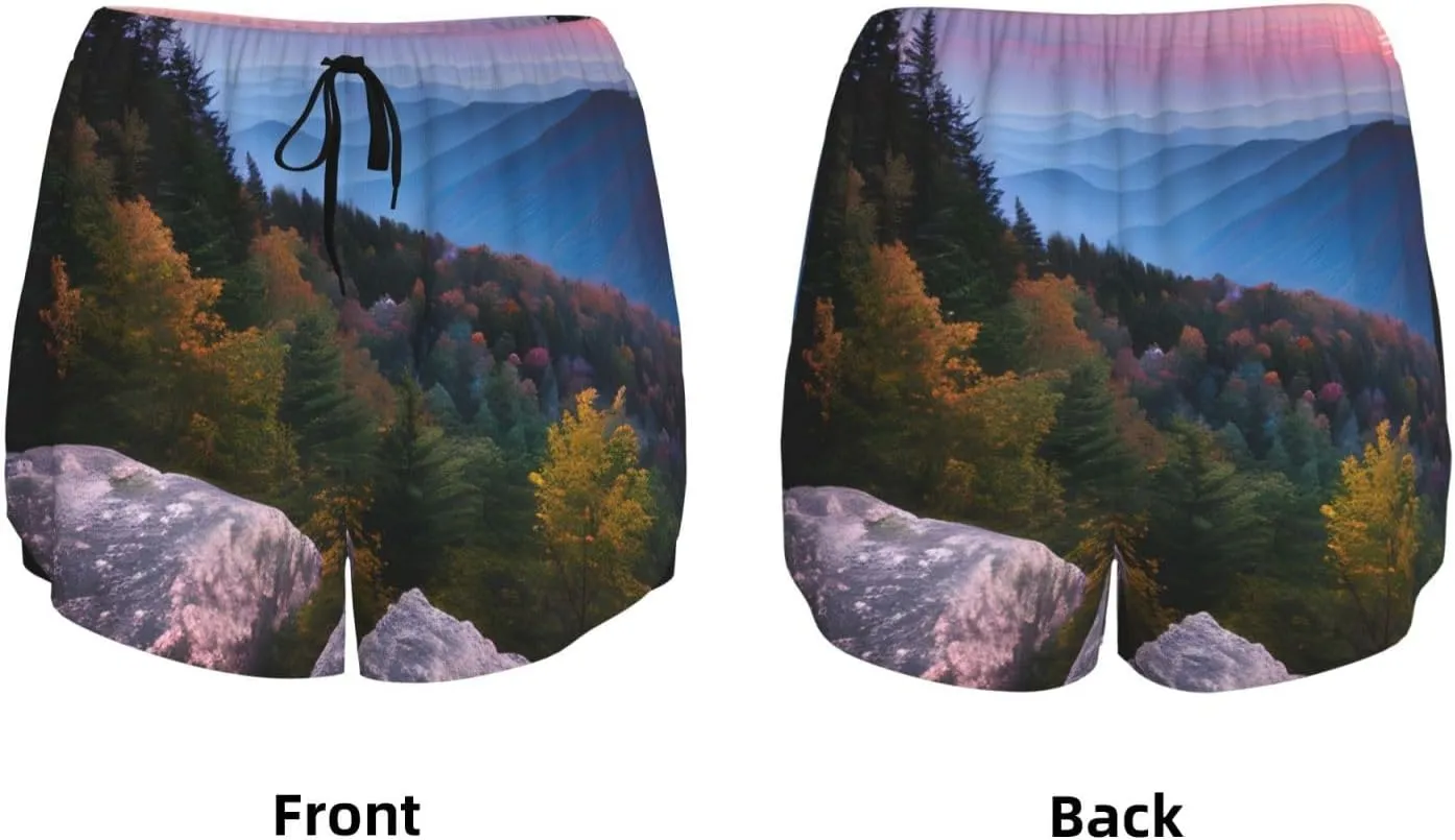 Canadian Smokey Mountain Cliff Print Women's Running Shorts High Waisted Athletic Shorts Quick Dry Gym Workout Shorts