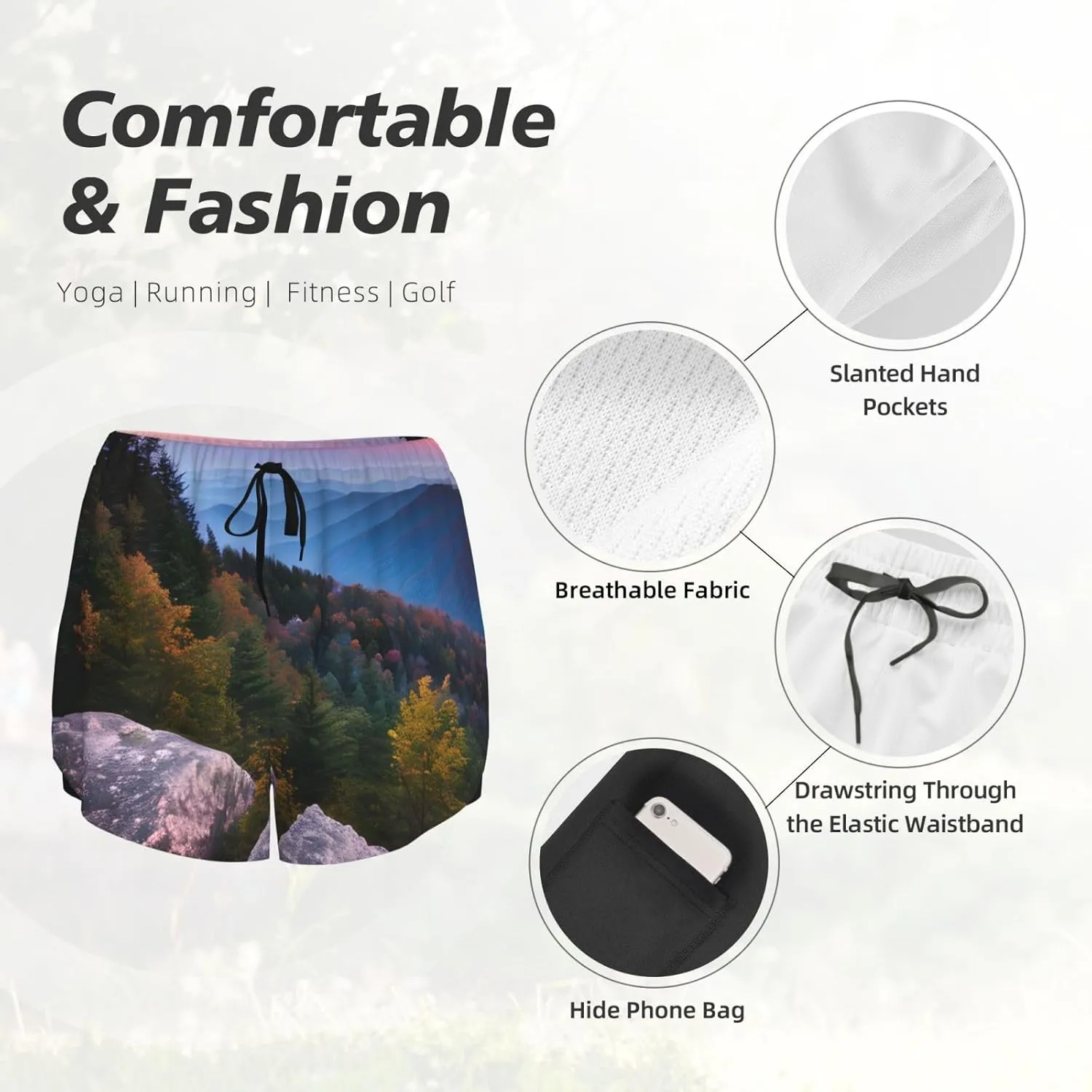 Canadian Smokey Mountain Cliff Print Women's Running Shorts High Waisted Athletic Shorts Quick Dry Gym Workout Shorts