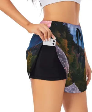 Canadian Smokey Mountain Cliff Print Women's Running Shorts High Waisted Athletic Shorts Quick Dry Gym Workout Shorts