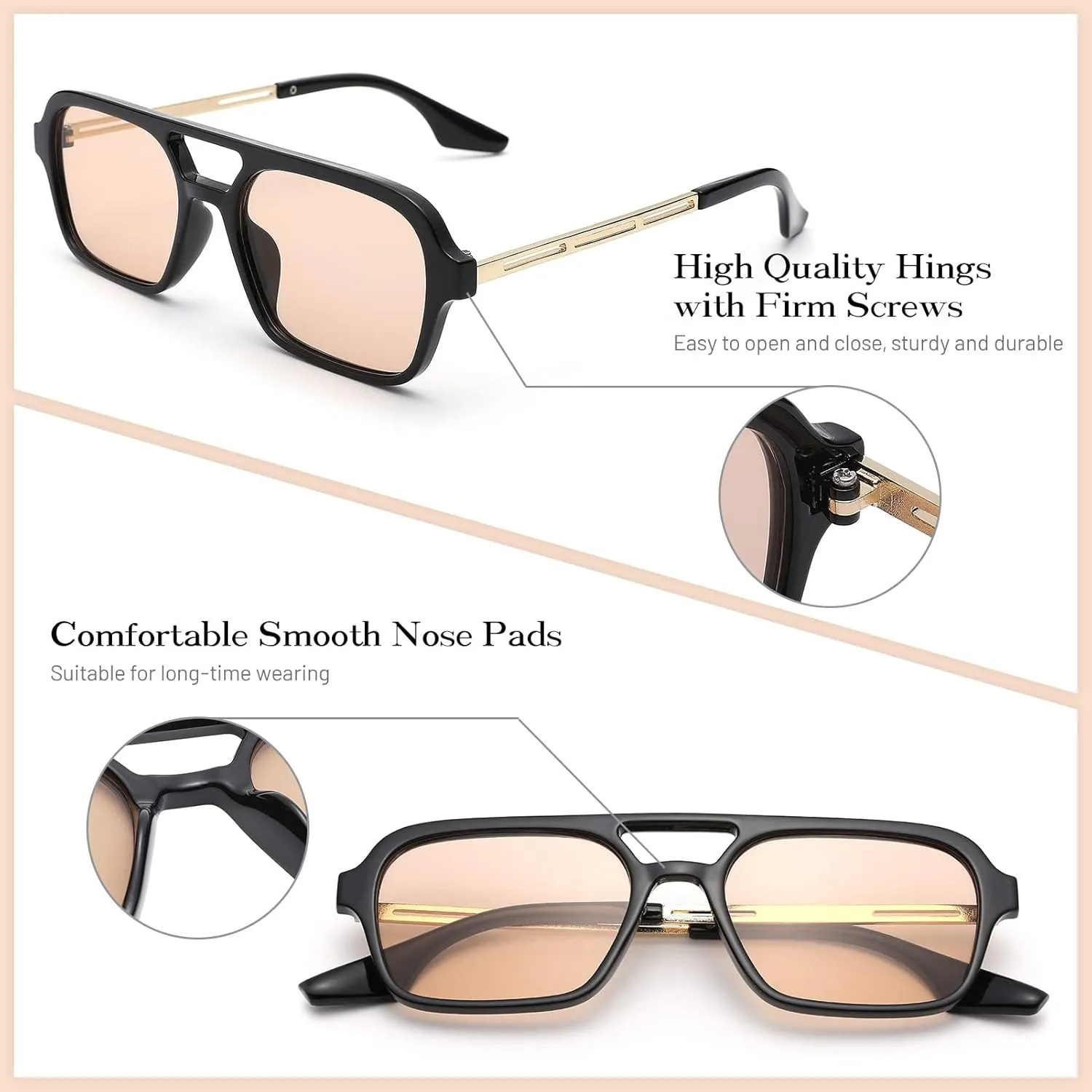 COASION Vintage 70s Flat Aviator Small Frame Sunglasses for Women Men Square Metal Design UV400 Protection Shades