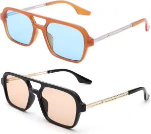 COASION Vintage 70s Flat Aviator Small Frame Sunglasses for Women Men Square Metal Design UV400 Protection Shades