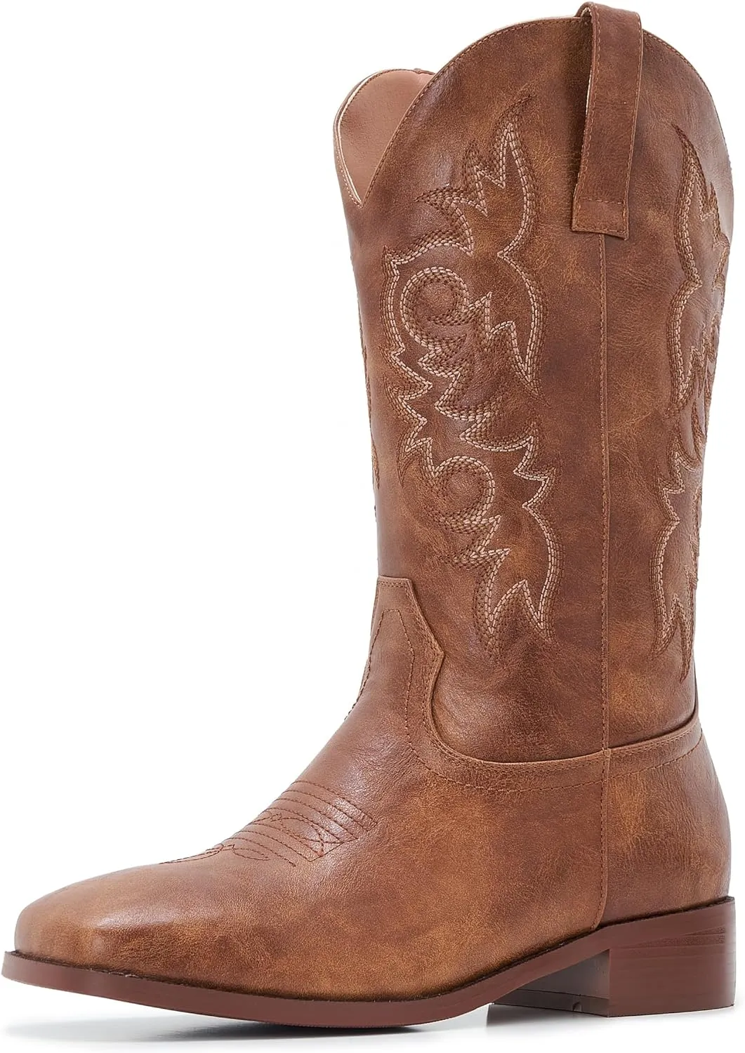 Cowgirl Boots Square Toe Cowboy Boots For Women Ladies Mid Calf Low Heel Flat
