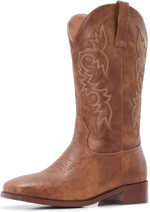 Cowgirl Boots Square Toe Cowboy Boots For Women Ladies Mid Calf Low Heel Flat