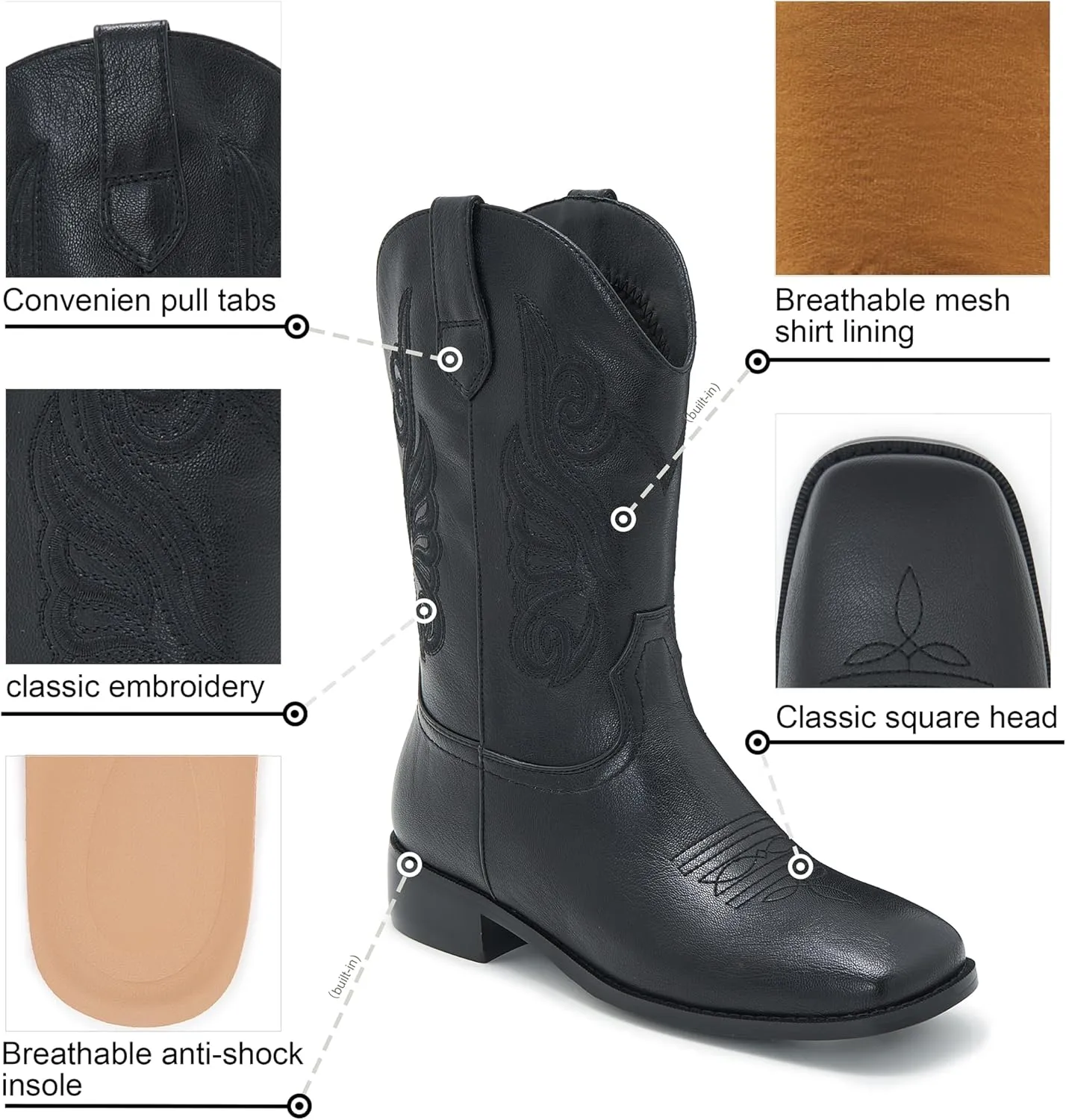 Cowgirl Boots Square Toe Cowboy Boots For Women Ladies Mid Calf Low Heel Flat