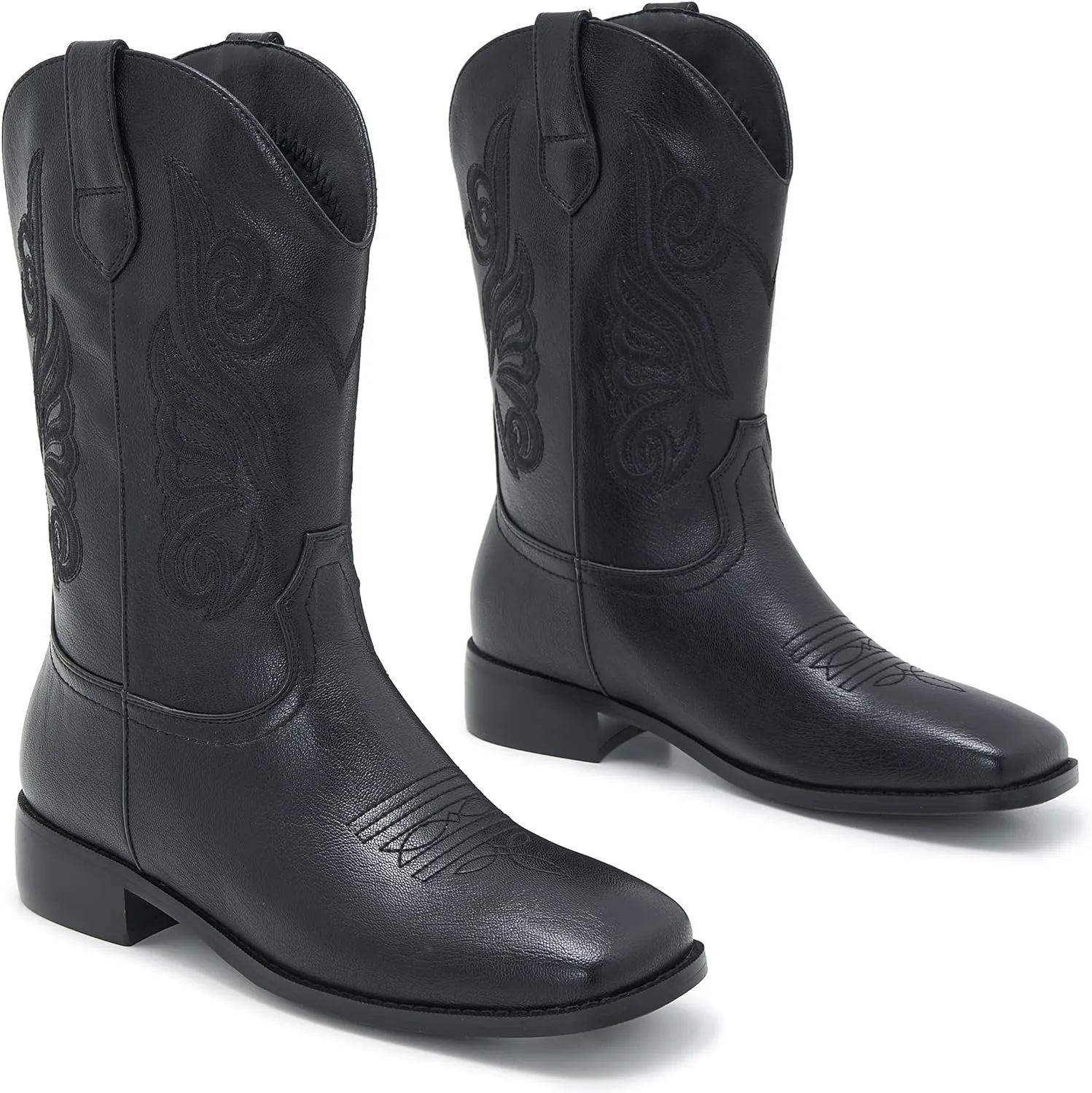 Cowgirl Boots Square Toe Cowboy Boots For Women Ladies Mid Calf Low Heel Flat