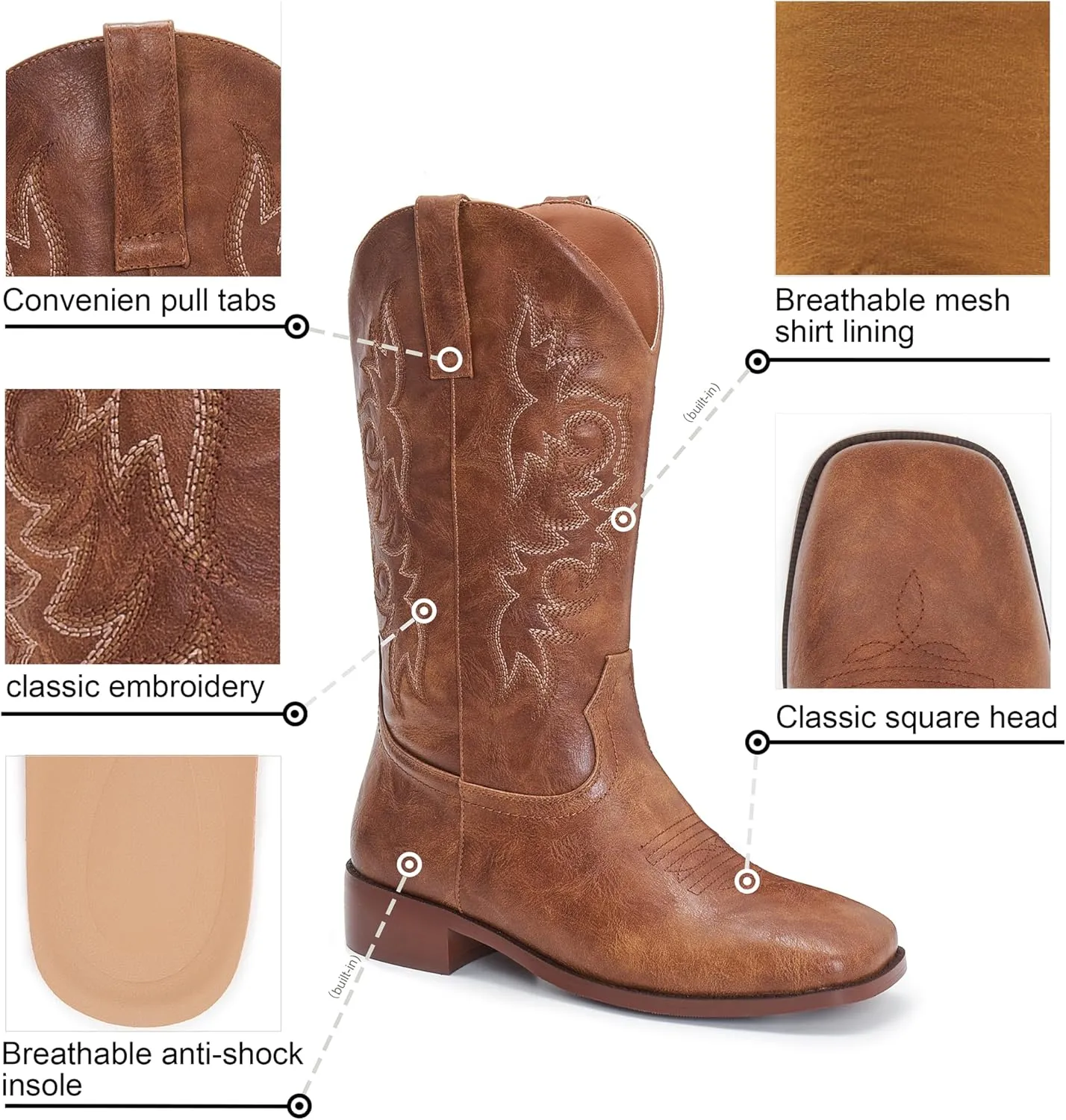 Cowgirl Boots Square Toe Cowboy Boots For Women Ladies Mid Calf Low Heel Flat