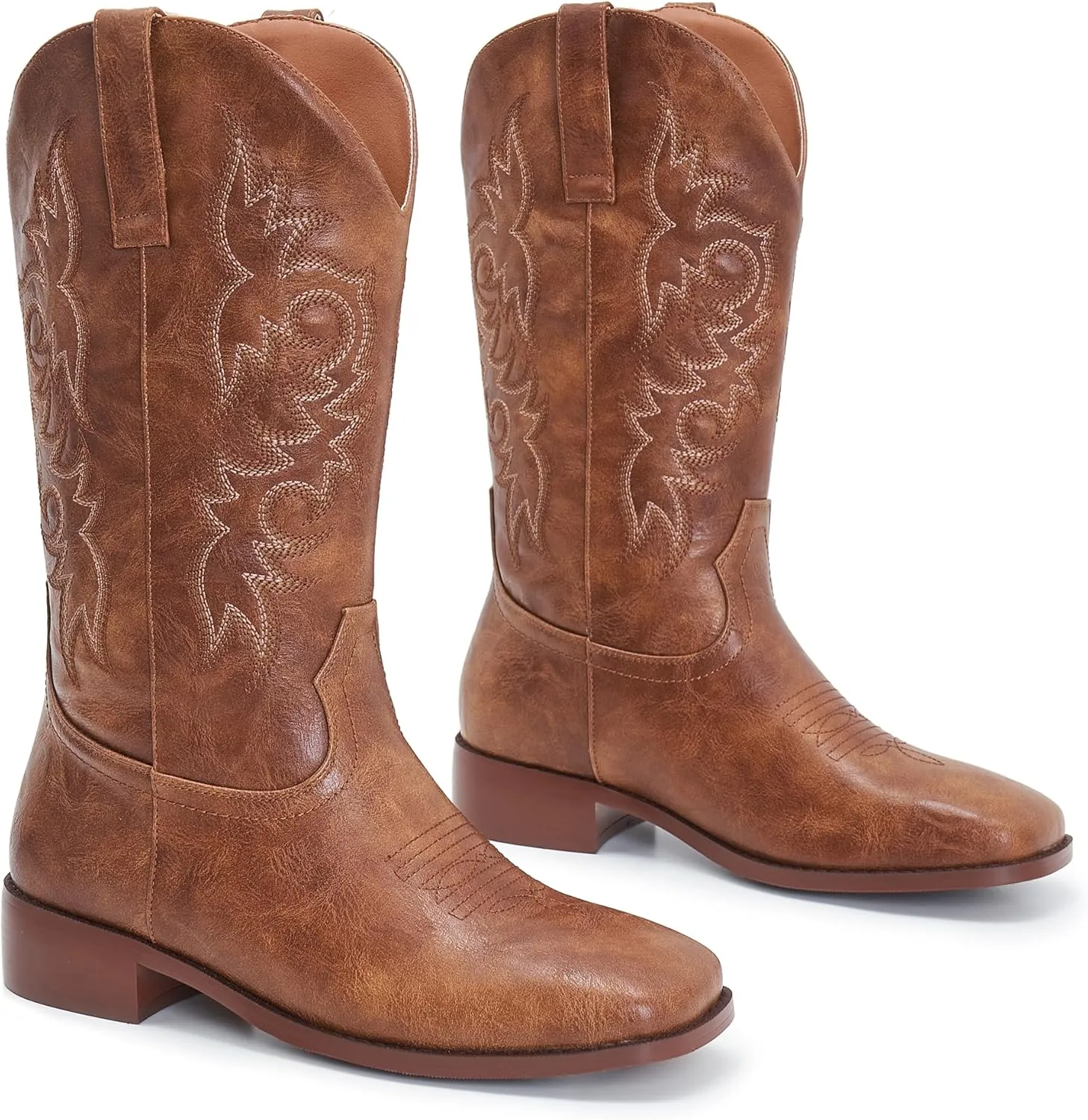 Cowgirl Boots Square Toe Cowboy Boots For Women Ladies Mid Calf Low Heel Flat