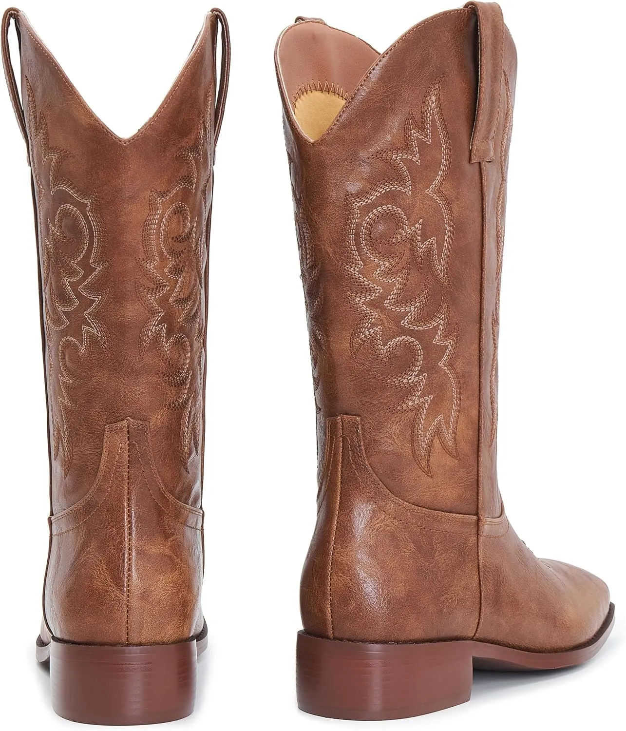 Cowgirl Boots Square Toe Cowboy Boots For Women Ladies Mid Calf Low Heel Flat