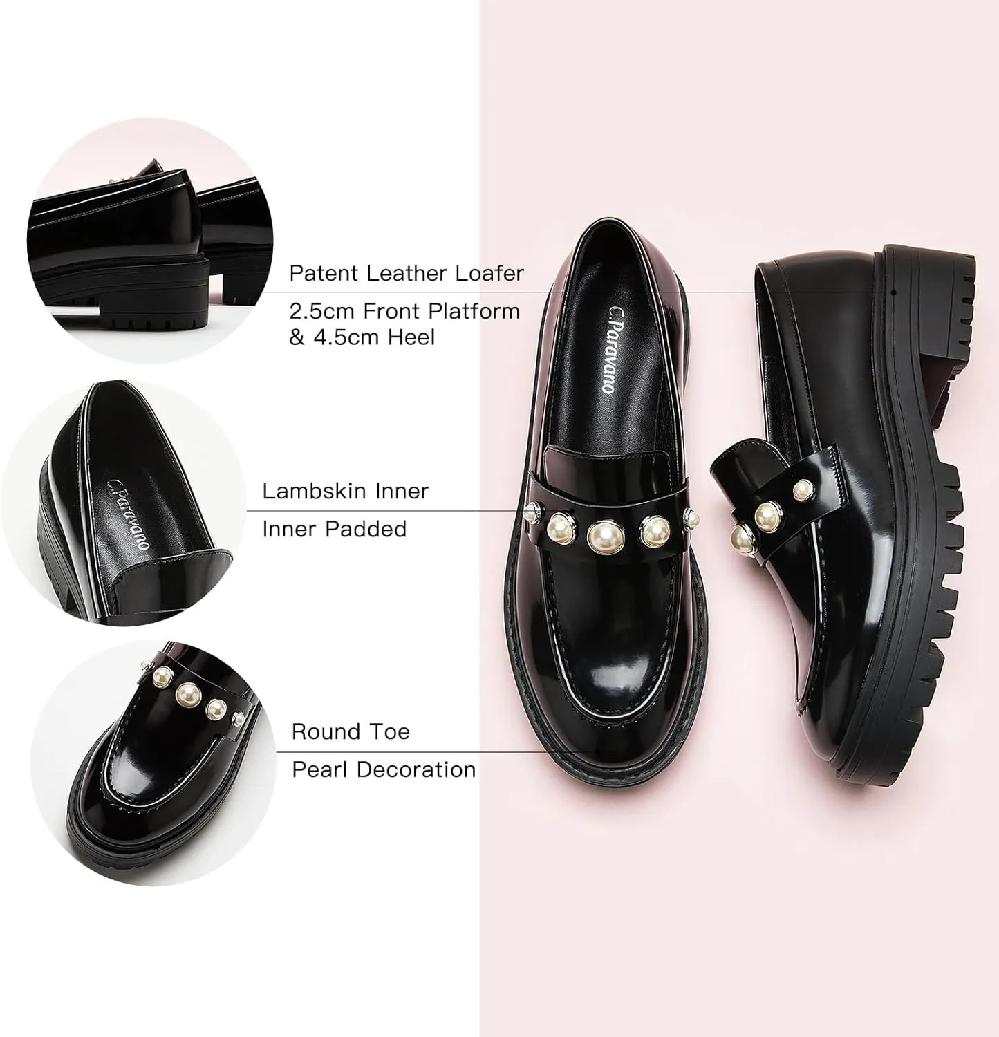 C.Paravano Chunky Loafers for Women: Comfortable Platform Loafers with Lug Sole in Black, Exquisite Print