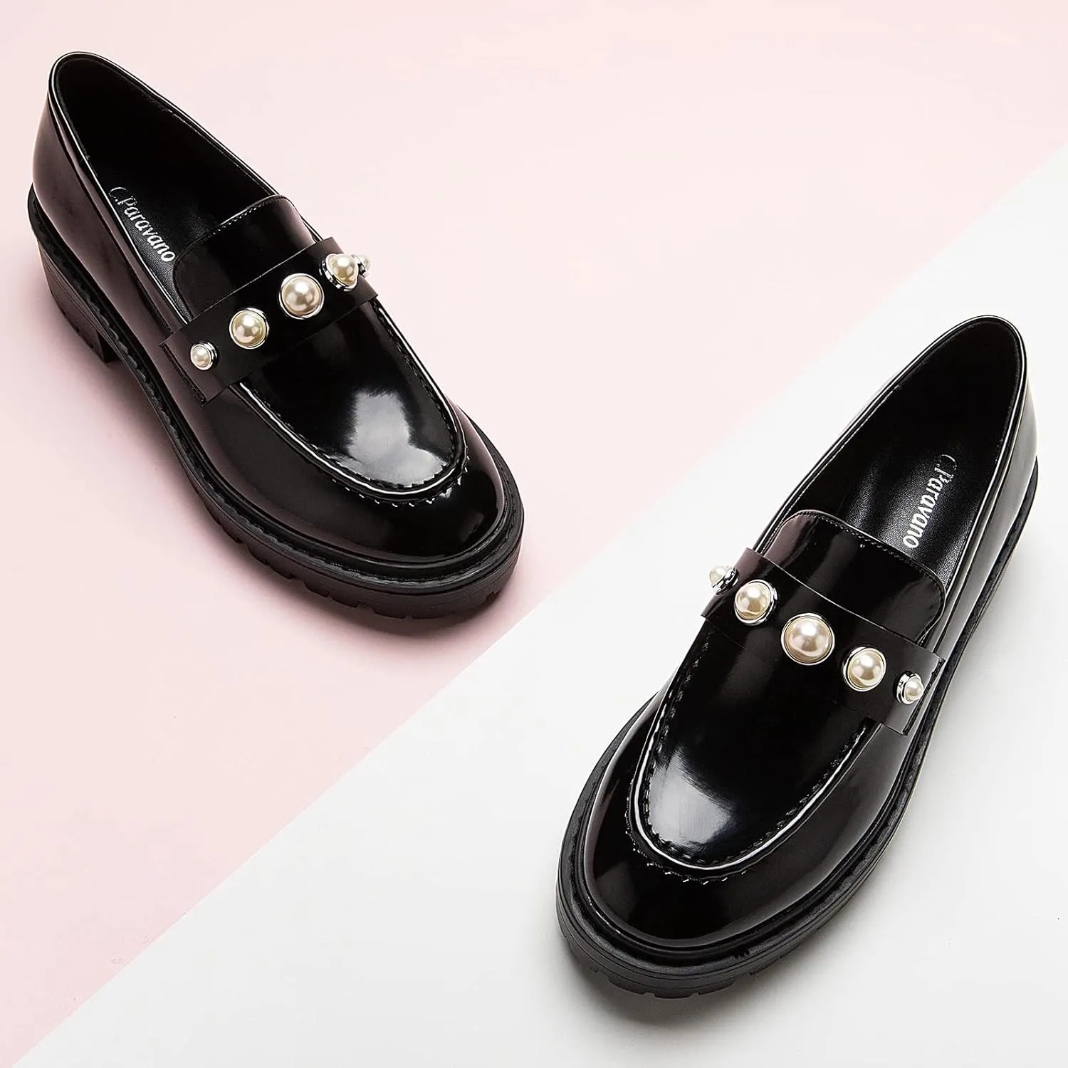C.Paravano Chunky Loafers for Women: Comfortable Platform Loafers with Lug Sole in Black, Exquisite Print