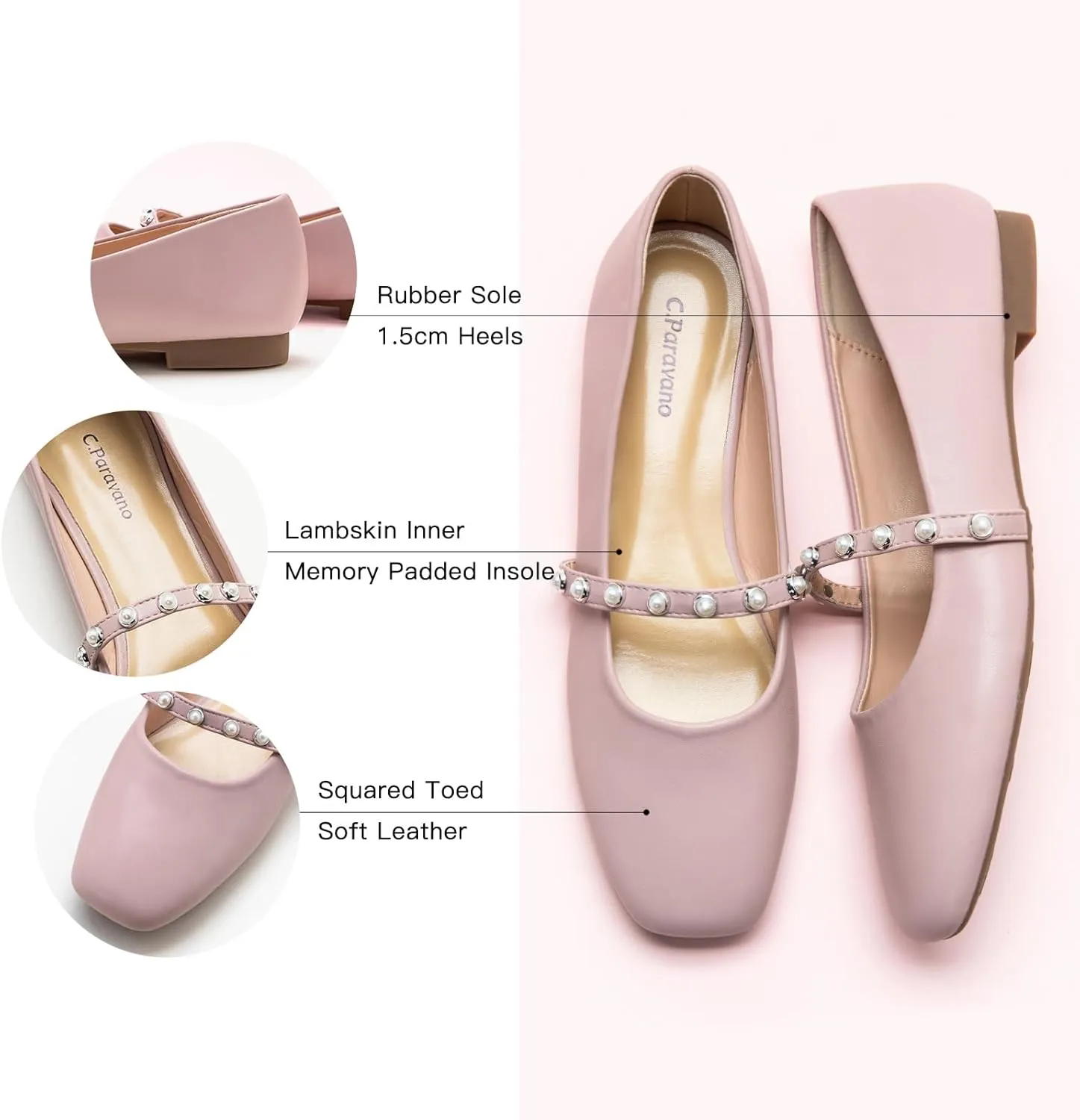 C.Paravano Mary Jane Flats for Women | Square Toe Ballet Flats with Pearl Strap | Comfortable Dress Shoes for Work, Wedding, Party & Daily Wear