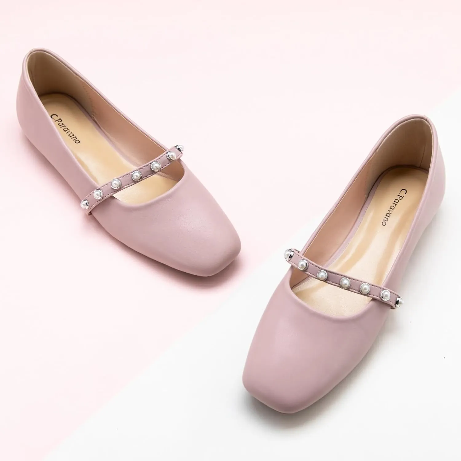 C.Paravano Mary Jane Flats for Women | Square Toe Ballet Flats with Pearl Strap | Comfortable Dress Shoes for Work, Wedding, Party & Daily Wear