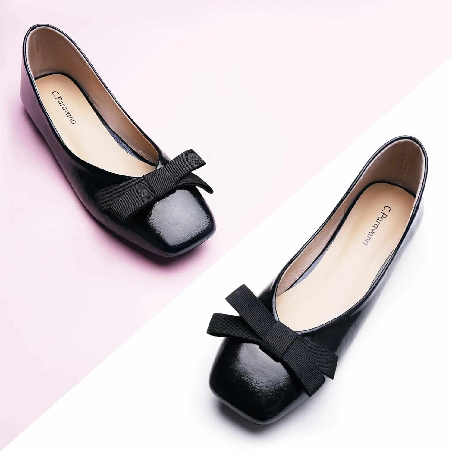 C.Paravano Women's Flats with Bowknot, Comfortable Square Toe Ballet Flats, Casual Slip On Shoes Flat, Women Dress Shoes for Walking Wedding Work Office