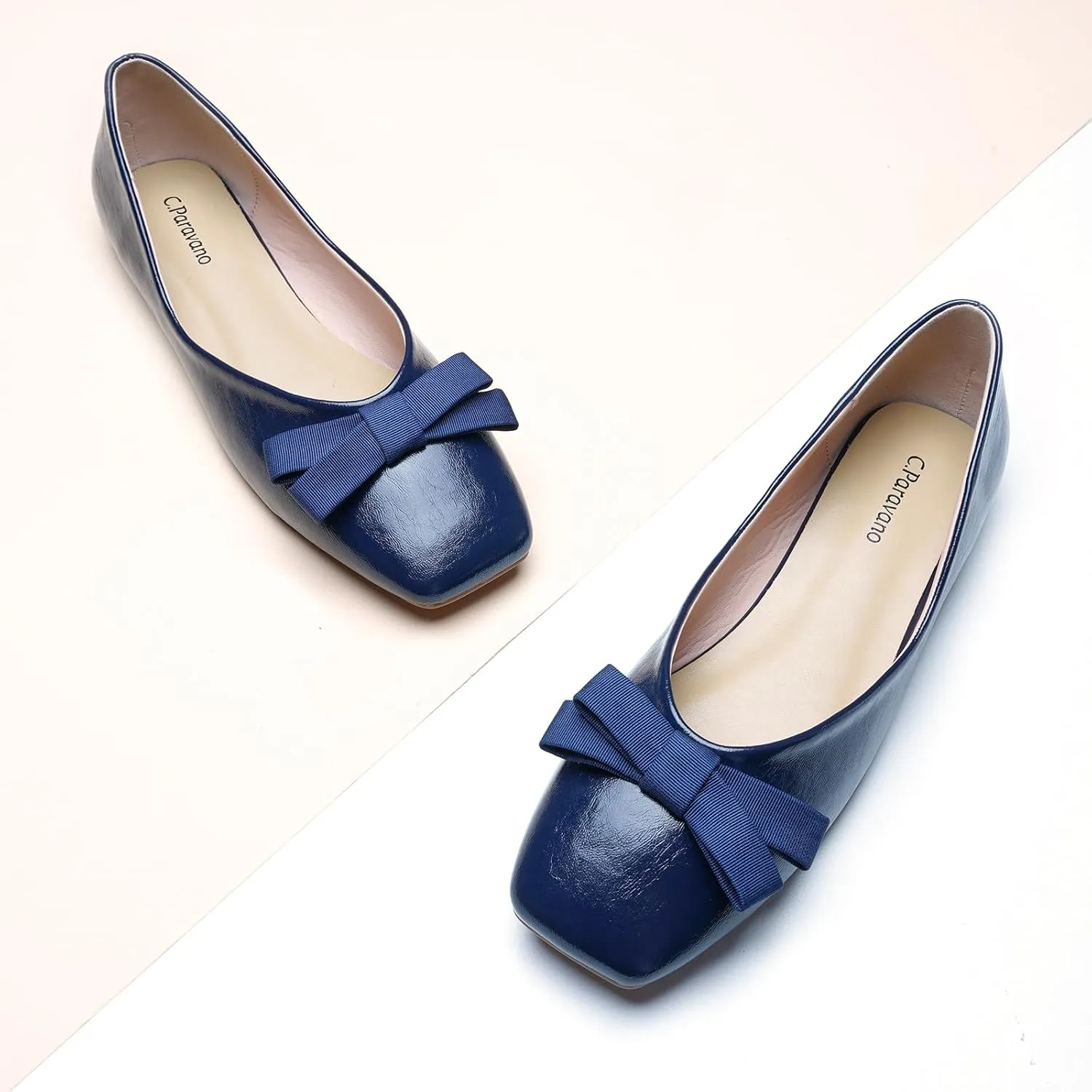 C.Paravano Women's Flats with Bowknot, Comfortable Square Toe Ballet Flats, Casual Slip On Shoes Flat, Women Dress Shoes for Walking Wedding Work Office
