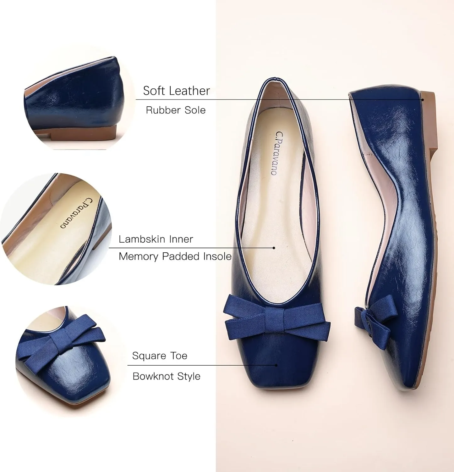 C.Paravano Women's Flats with Bowknot, Comfortable Square Toe Ballet Flats, Casual Slip On Shoes Flat, Women Dress Shoes for Walking Wedding Work Office